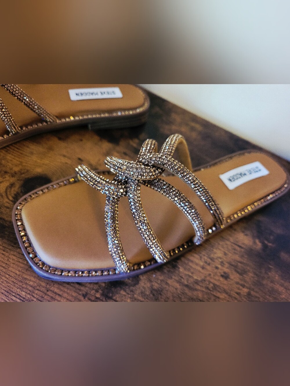 Steve Madden Gold Rhinestone Strappy Slide Sandals - Picture 4 of 11